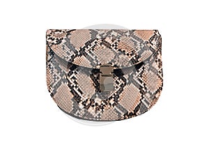 Brown Snake Clutch isolated on white background. Fashion women accessories. Top view of snake skin python leather wallets