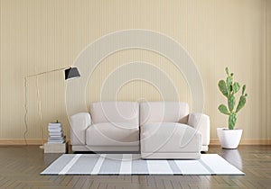 Brown sofa in living room with free space for mock up, 3D rendering