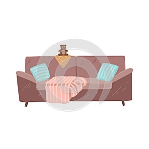 Brown sofa with pillows and blanket. Couch isolated. Vector illustration