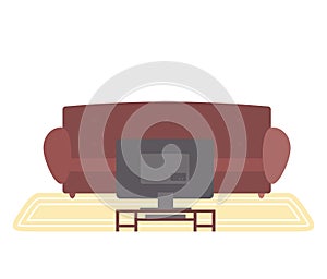 Brown sofa and small table with televisor. Living room furniture design, modern home interior