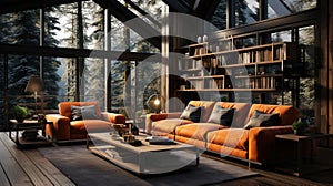 Brown Sofas Living Room with Wood Design With Big Glass Windows Interior Background