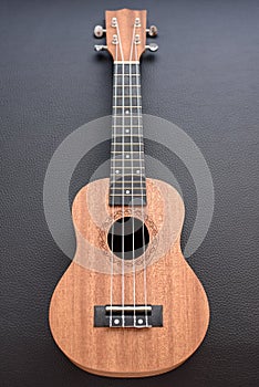 A brown soprano ukulele on black background