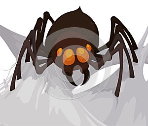 Brown Spider with a Big Cobweb, Vector Illustration