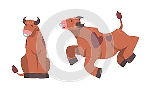 Brown spotted bull sitting and jumping, ox farm animal cartoon vector illustration