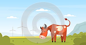 Brown Spotted Cow with Horns Grazing on Pasture with Green Grass Vector Illustration
