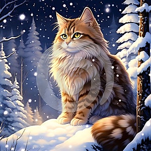 Brown-Spotted Siberian Cat: Enchanting Wizard Fantasy Anime, 90s Style, Snowy Forest Moon Night