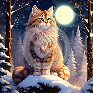 Brown-Spotted Siberian Cat: Enchanting Wizard Fantasy Anime, 90s Style, Snowy Forest Moon Night