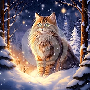 Brown-Spotted Siberian Cat: The Wizard Fantasy Anime, 90s Style, Snow Forest Moon Night