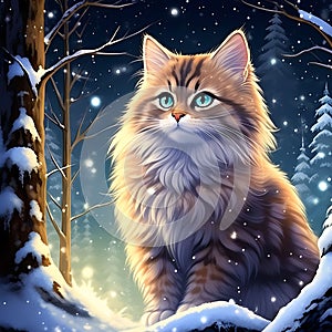 Brown-Spotted Siberian Cat: The Wizard Fantasy Anime, 90s Style, Snow Forest Moon Night