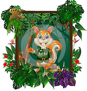 Brown Squirrel In Forest With Tropical Plant Flower In Wood Square Frame Cartoon