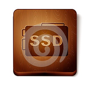 Brown SSD card icon isolated on white background. Solid state drive sign. Storage disk symbol. Wooden square button