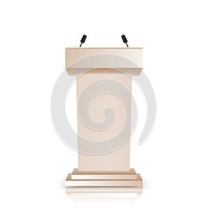 Brown stage stand or debate podium rostrum with microphones  isolated on white background. 3d realistic tribune.
