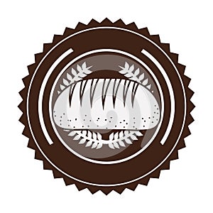 brown stamp with olive crown and bread in round frame