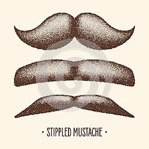 Brown stippled vintage mustache. Curly facial hair. Hipster beard. Stippling, dot drawing and shading, stipple pattern