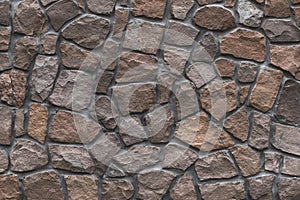 Brown stone texture, retro style. Brick wall background. Abstract rocks pattern. Gray stones, textured surface. Natural backdrop.