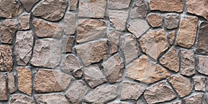 Brown stone wall texture, floor background. Wide panoramic rock pattern. Natural masonry surface, brick frame. Grunge structure.