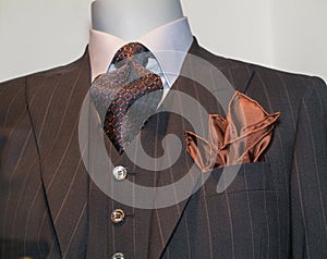 Brown Striped Jacket, Tie, Tan Handkerchief