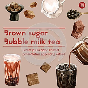 Brown sugar bubble milk tea, ad content vintage, watercolor illustration design