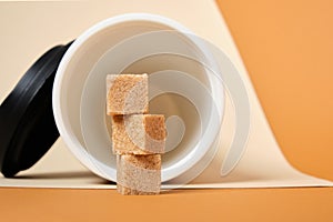 brown sugar cubes and thermo mug made of cork on a beige and brown background