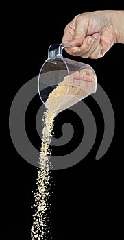 Brown Sugar fall, brown grain sugar pouring down abstract cloud fly from measuring cup. Beautiful complete seed sugarcane, food