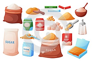 Brown sugar pack. Food bag. Granulated grocery piece. Cube block. Spoon and stick. Sweet sucrose. Glucose products