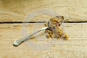 Brown sugar on a silver teaspoon