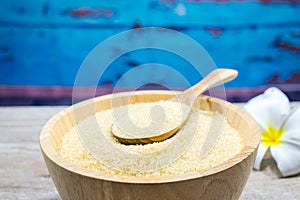 Brown sugar in wooden bowl