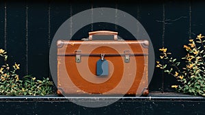 A brown suitcase with a blue tag and a handle.