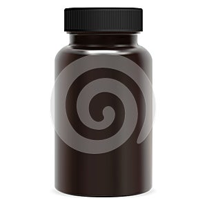 Brown supplement bottle. Plastic pill package. Jar