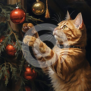 brown Tabby Cat playing with Christmas Tree Baubles