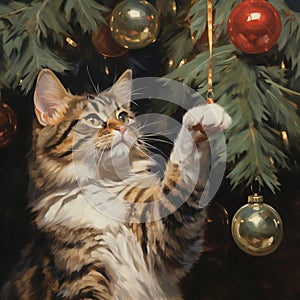 brown Tabby Cat playing with Christmas Tree Ornaments