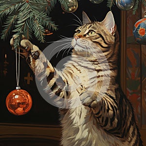 brown Tabby Cat playing with red Christmas Tree Ornaments