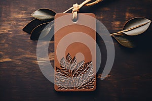 A brown tag mock-up with a leaf design on it on wooden background.