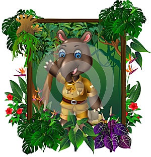 Brown Tapir In Forest With Tropical Plant Flower In Wood Square Frame Cartoon