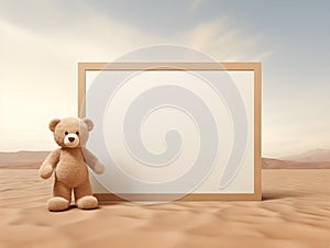 brown teddy bear with a blank sign with space for copy