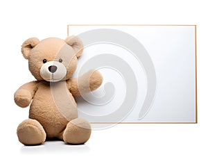 brown teddy bear with a blank sign with space for copy