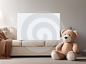 brown teddy bear with a blank sign with space for copy