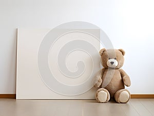 brown teddy bear with a blank sign with space for copy