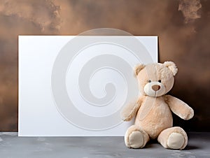 brown teddy bear with a blank sign with space for copy