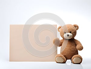 brown teddy bear with a blank sign with space for copy