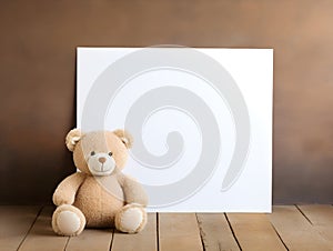 brown teddy bear with a blank sign with space for copy