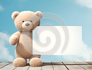 brown teddy bear with a blank sign with space for copy