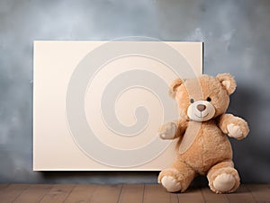 brown teddy bear with a blank sign with space for copy