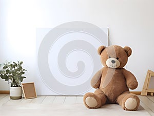 brown teddy bear with a blank sign with space for copy