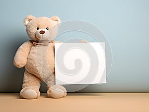 brown teddy bear with a blank sign with space for copy