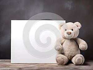 brown teddy bear with a blank sign with space for copy