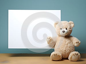 brown teddy bear with a blank sign with space for copy