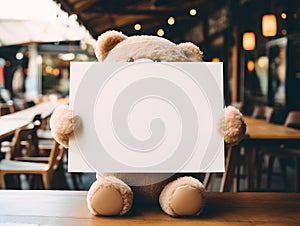 brown teddy bear with a blank sign with space for copy