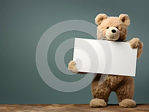 brown teddy bear with a blank sign with space for copy