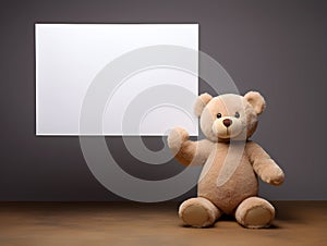 brown teddy bear with a blank sign with space for copy